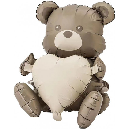 Шар (26''/66 см) Фигура 3D, Сидячий мишка с сердцем, Сатин, 1 шт. в уп.