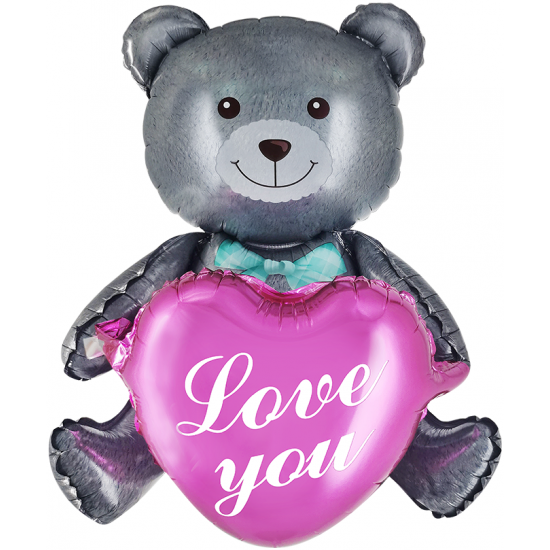 Шар (30''/76 см) Фигура 3D, Сидячий мишка с сердцем, Серый, 1 шт. в уп.