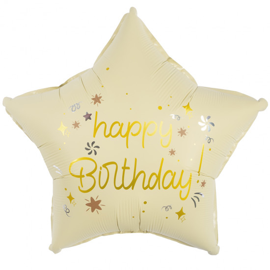 Шар (18''/46 см) Звезда, Happy Birthday (праздничные искры), Кремовый, Сатин, 1 шт.