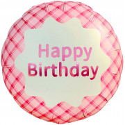 Шар (18''/46 см) Круг, Happy Birthday (стильная клетка), Розовый, Сатин, 1 шт.