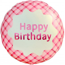 Шар (18''/46 см) Круг, Happy Birthday (стильная клетка), Розовый, Сатин, 1 шт.