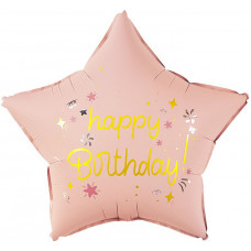 Шар (18''/46 см) Звезда, Happy Birthday (праздничные искры), Розовый, Сатин, 1 шт. в уп.
