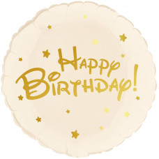 Шар (18''/46 см) Круг, Happy Birthday (золотые звезды), Бежевый, 1 шт.