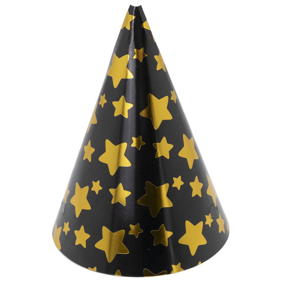 Колпаки, Звезды Микс, Черный/Золото, Металлик, 16 см, 6 шт. в упак.