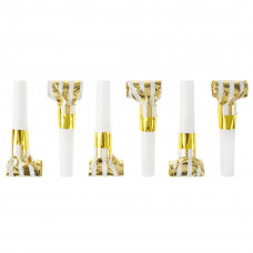 Карнавальные язычки гудки, Полосы, Белый/Золото, Металлик, 6 см, 6 шт. в упак.