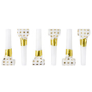 Карнавальные язычки гудки, Горошек, Белый/Золото, Металлик, 6 см, 6 шт. в упак.