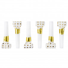 Карнавальные язычки гудки, Горошек, Белый/Золото, Металлик, 6 см, 6 шт. в упак.