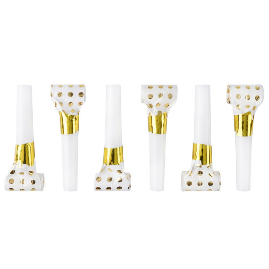 Карнавальные язычки гудки, Горошек, Белый/Золото, Металлик, 6 см, 6 шт. в упак.