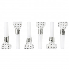 Карнавальные язычки гудки, Горошек, Белый/Серебро, Металлик, 6 см, 6 шт. в упак.