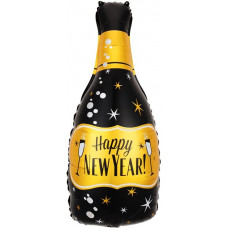 Шар (38''/97 см) Фигура, Бутылка Шампанское, С Новым Годом! (бокалы), Черный, 1 шт.