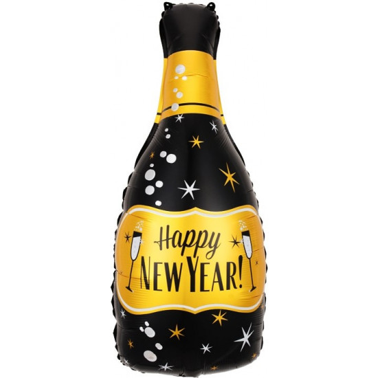 Шар (38''/97 см) Фигура, Бутылка Шампанское, С Новым Годом! (бокалы), Черный, 1 шт.