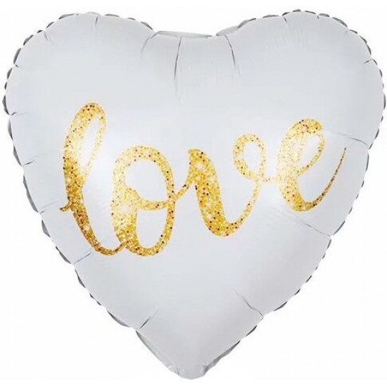 Шар (18''/46 см) Сердце, Любовь, Белый/Золото, 1 шт. в уп.