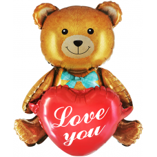 Шар (30''/76 см) Фигура 3D, Сидячий мишка с сердцем, Коричневый, 1 шт. в уп.