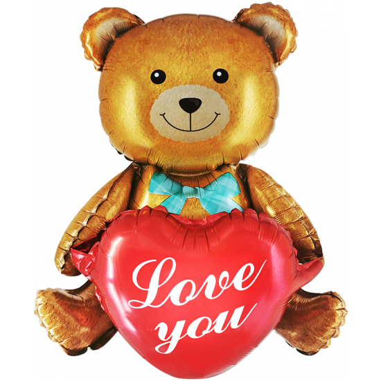 Шар (30''/76 см) Фигура 3D, Сидячий мишка с сердцем, Коричневый, 1 шт. в уп.