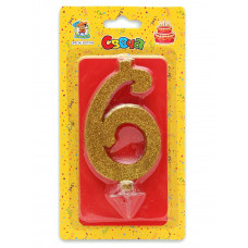 Свеча для торта Золотой глиттер (большая) Цифра 6 С-1898