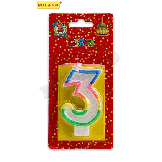 Свеча для торта с разноцветной окантовкой с блестками Цифра 3 Свеча для торта с разноцветной окантовкой с блестками Цифра 3