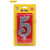 Свеча для торта Серебряный глиттер (малая) Цифра 5