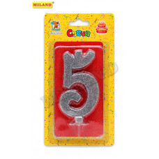 Свеча для торта Серебряный глиттер (малая) Цифра 5