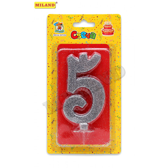 Свеча для торта Серебряный глиттер (малая) Цифра 5