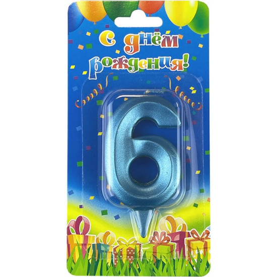 Свеча Цифра, 6 Грани, Синяя бирюза, 7 см, 1 шт.