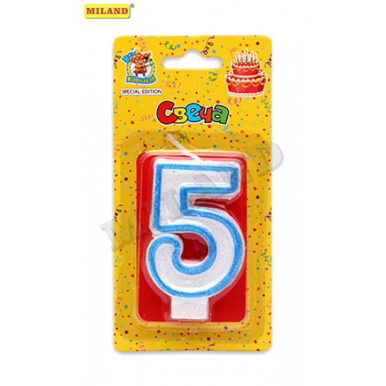 Свеча для торта с синей окантовкой с блёстками Цифра 5