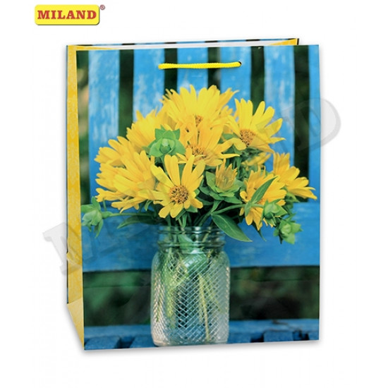 Пакет подарочный с глянцевой ламинацией 26,4х32,7х13,6 см (L) Желтые цветочки в вазе, 157 г