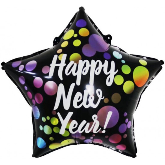 Шар (18''/46 см) Звезда, Happy New Year! (разноцветные круги), Черный, 1 шт.