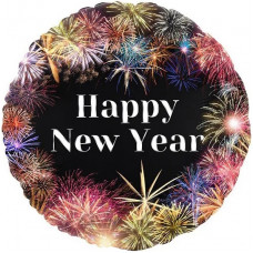 Шар (18''/46 см) Круг, Happy New Year (фейерверк), Черный, 1 шт.